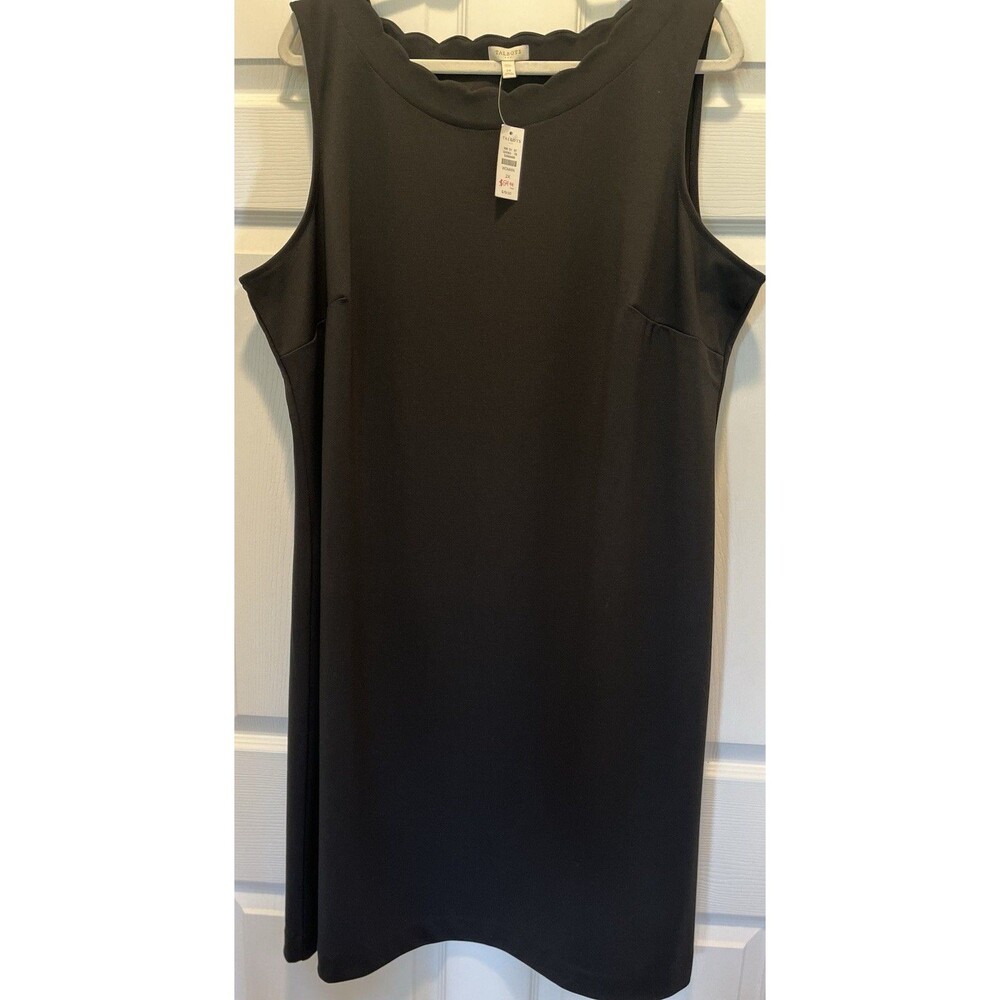 Talbots Black Shift Dress 2X Plus Sleeveless Scalloped Scoop Neck Knit Stretch